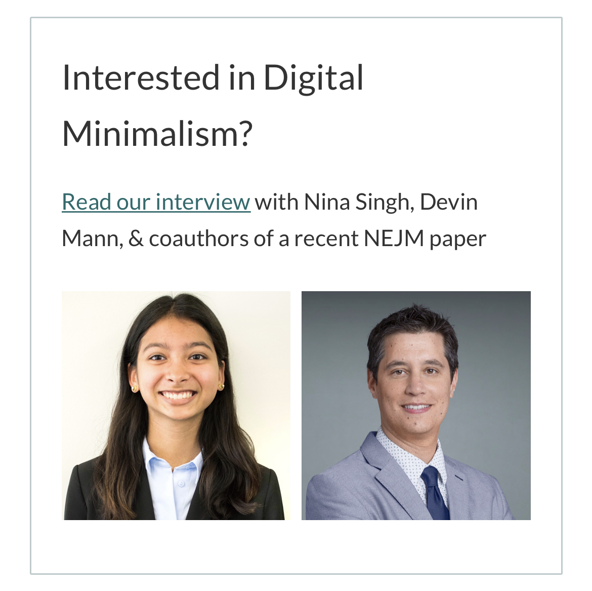 GCSHcare's tweet photo. What is Digital Minimalism - why do health systems need it - and what can you do to push digital minimalism in your context?

Read our @GCSHcare interview with @nina_singh_ @devin_mann @ChristineSinsky &amp; Katharine Lawrence on their paper in the @NEJM 

https://t.co/Ag2oBaPh8P https://t.co/IRcnV3nhEK