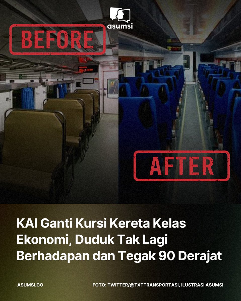 asumsico's tweet photo. PT Kereta Api Indonesia (KAI) tengah memodifikasi interior kereta ekonomi. Tak hanya interior, kursi-kursi yang ada di dalamnya juga bakal diperbaharui. https://t.co/V21hA9fVSj