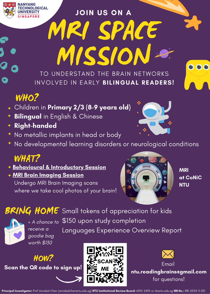cblntu's tweet photo. Join us on a space mission to understand the brain networks involved in young bilingual readers! 
🪐Requirements: 8-9 years old (P2/P3), Chinese-English Bilinguals
💫Participate: https://t.co/uXEbTSrTaO or email us at ntu.readingbrains@gmail.com if you have questions! https://t.co/lm7FizJzkJ