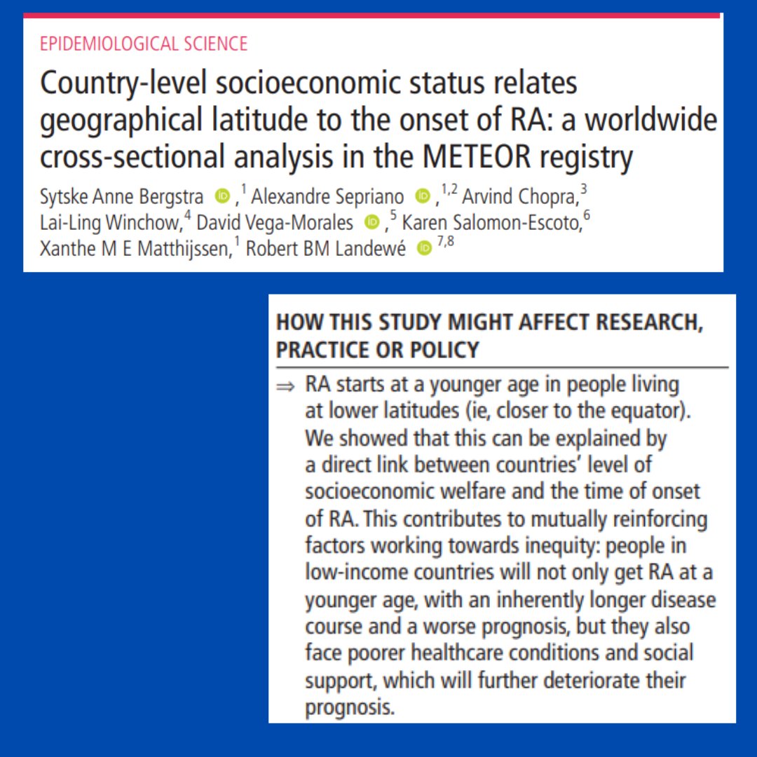 Sytske Anne (@sytskeanne) on Twitter photo Proud to share our most recent publication in @ARD_BMJ
👉age at onset of #RA could not be explained by differences in patients (eg genes), but almost fully by socioeconomic factors (ie environment) of the countries people were living in.
pubmed.ncbi.nlm.nih.gov/37230737/
<a href="/AlexSepriano/">Alexandre Sepriano</a> Proud to share our most recent publication in @ARD_BMJ
👉age at onset of #RA could not be explained by differences in patients (eg genes), but almost fully by socioeconomic factors (ie environment) of the countries people were living in.
pubmed.ncbi.nlm.nih.gov/37230737/
<a href="/AlexSepriano/">Alexandre Sepriano</a>