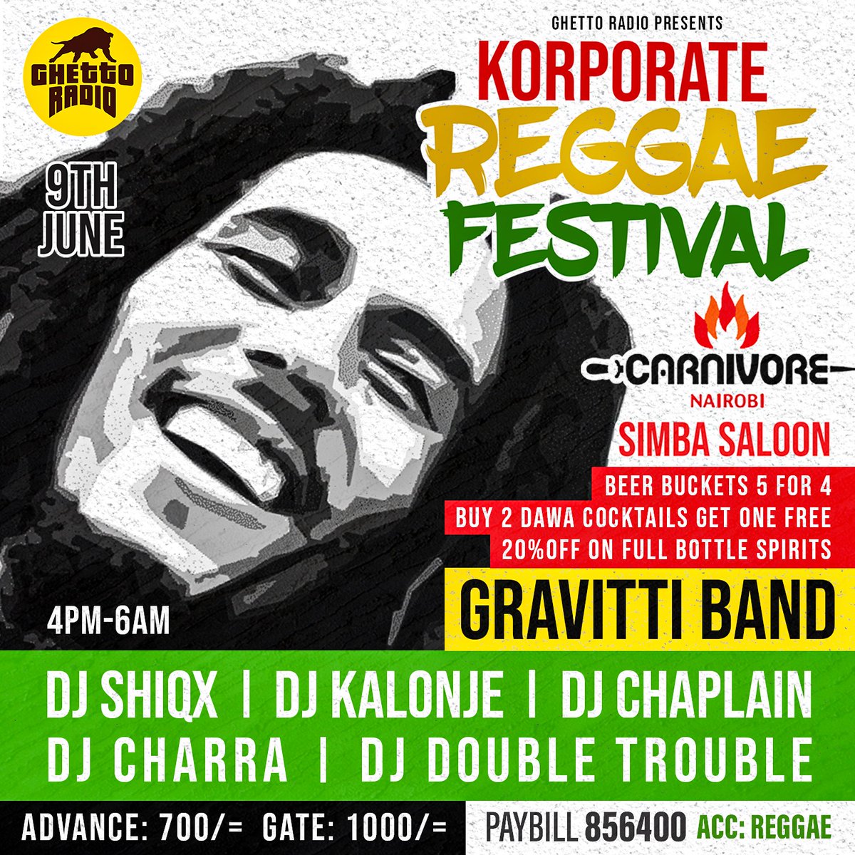 “You say you love rain, but you use an umbrella to walk under it. You say you love the sun, but you seek shelter when it is shining.  
So that’s why I’m scared when you say you love me.” – Bob Marley #Brekko quote

Come we celebrate #Reggae 9th June <a href="/CarnivoreKe/">Carnivore Nairobi</a> Book ticket NOW