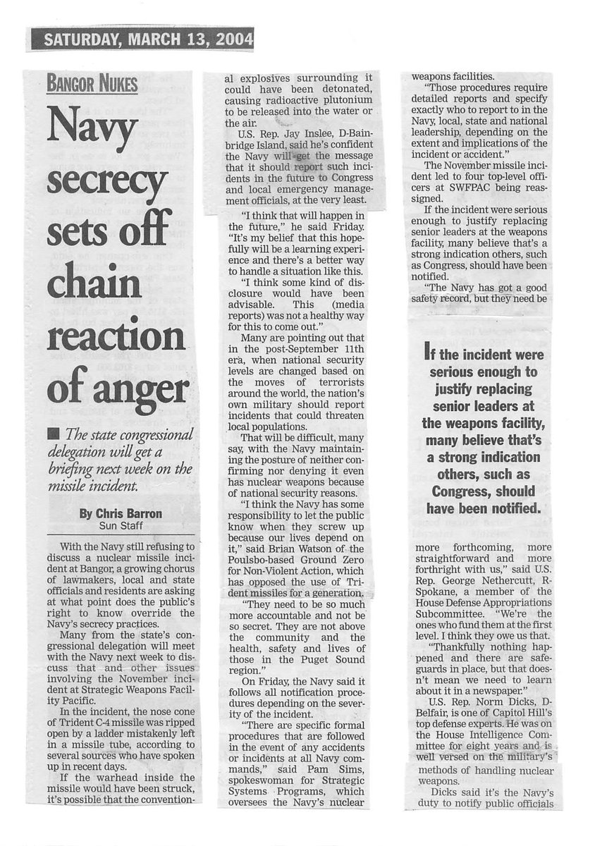 @ScotNational In 2003 there was a missile handling accident at the Bangor Trident Nuclear Sub Base (20 miles from Seattle). A work ladder tore into a missile coming within inches of the nuclear warheads and rocket motor. The Navy never reported it. The public found out from a whistleblower.