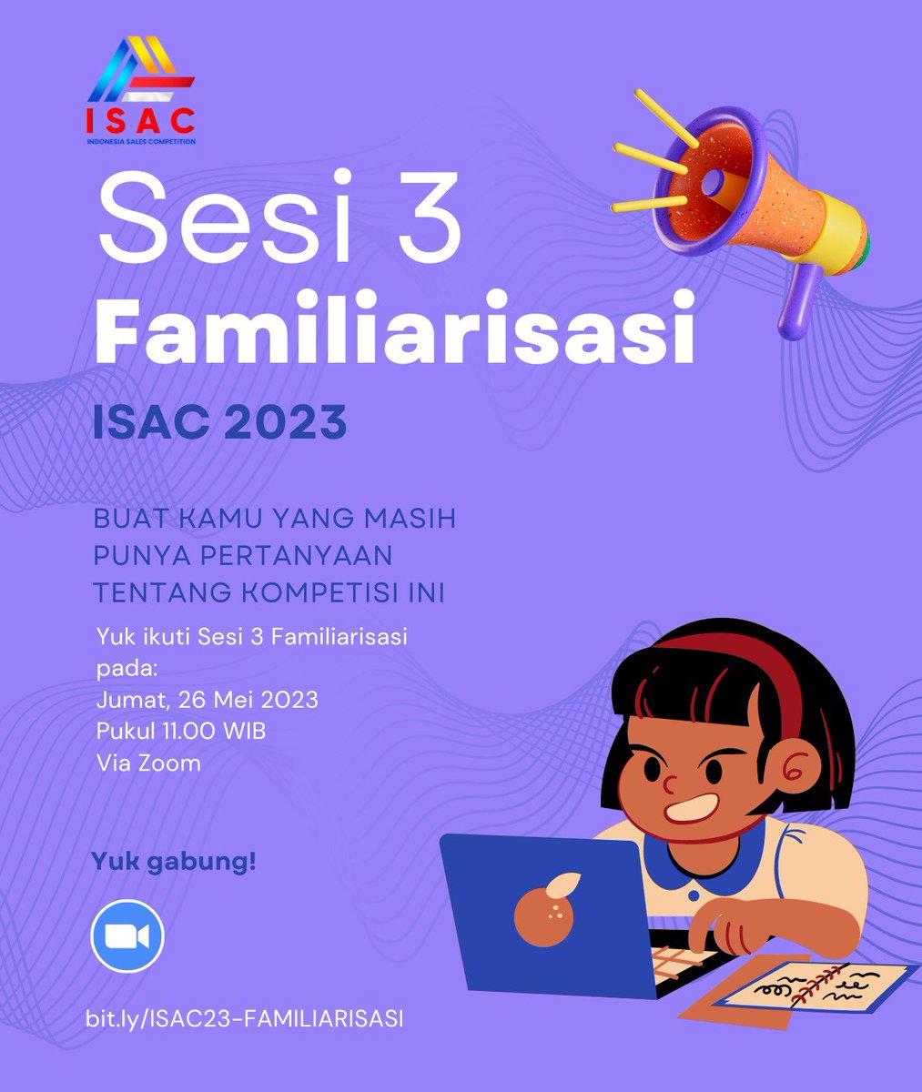 SeasacP's tweet photo. Jangan lupa join 1 jam lagi ya. Sesi terakhir familiarisasi ISAC 2023. Kamu boleh tanya segala hal terkait kompetisi ini. Jam 11.00 ini klik link zoomnya! https://t.co/923PNoj8bf
Materinya bisa dilihat di sini: https://t.co/c9Ptp0Bdi2

#isac2023
#seasacproject
#salescompetition https://t.co/PZpQg8hgjd