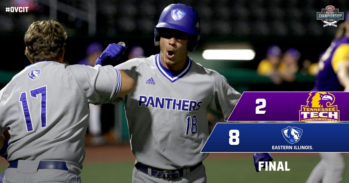 FINAL No. 5 @EIU_Baseball - 8 No. 6 Tennessee Tech - 2 Grant Lashure: 2-4, 2B, 2 RBI Blake Malatestinic: W, 5.1 IP, 8 H, 2 R, 5 K EIU survives and advances as one of the last three teams at the OVC Championships! Up next: vs. Morehead State/Little Rock, Friday at 6:00 p.m. CT