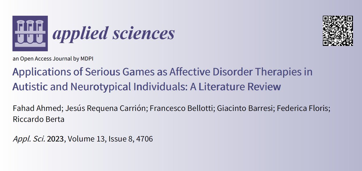 📢 Read our recent publication in #SpecialIssue

📚 Applications of Serious Games as Affective Disorder Therapies in Autistic and Neurotypical Individuals: A Literature Review

🔗 mdpi.com/2076-3417/13/8…

👨‍🔬 by Mr. Fahad Ahmed et al.
🏫 @QMUL
@UniGenova
@IITalk