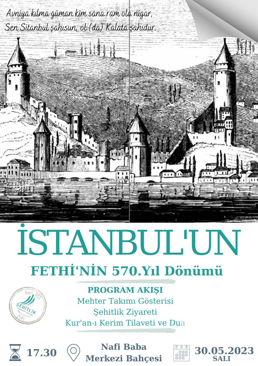 İstanbul’un Fethi’nin 570. Yıl Dönümü anma programı Fethin ilk şehitlerinin huzurunda 30 Mayıs Salı günü gerçekleştirilecektir. Sizleri aramızda görmekten mutluluk duyarız.
   Katılım için formu doldurmanızı rica ederiz;
forms.gle/NTrKpcVaJjg441…