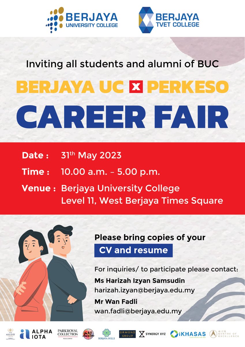 📣 Calling all BERJAYA students! 🎉 

Don't miss the BERJAYA University College Career Fair 2023! 🌟 

🗓️ Date: May 31st, 2023 
⏰ Time: 10 am - 5 pm 
📍 Venue: On Campus - Level 11, West, Berjaya Times Square, KL 

Mark your calendars for this gateway to a successful future.