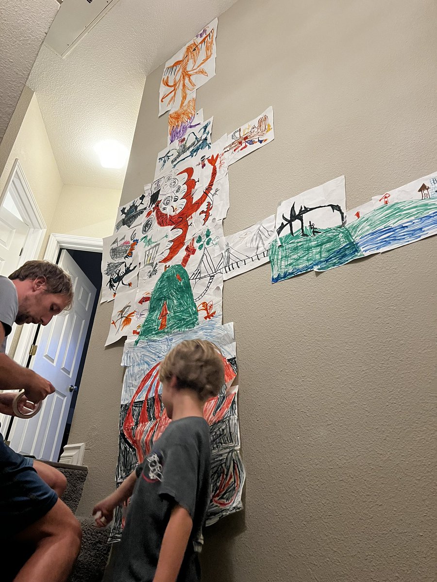 When my 7yo introduces himself to new kids at the playground, he says, “I’m into BIG projects.”

He’s not lying. Yesterday we had to figure out how to hang this piece he brought home from school. It’s over 10 feet tall.