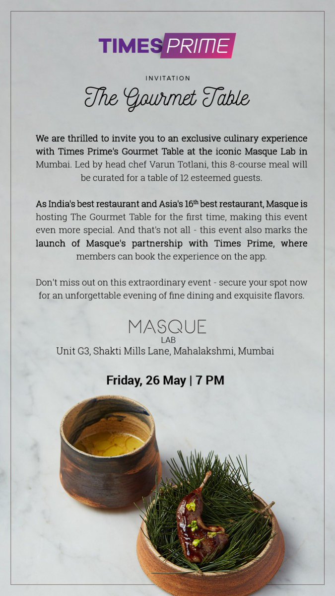 The celebrated <a href="/MasqueBombay/">Masque Restaurant</a> , Asia's 16th best restaurant, is now a <a href="/TimesPrime/">Times Prime</a> partner. Our members can indulge in a culinary experience like no other.  #Masque #TimesPrime #CulinaryExperience
