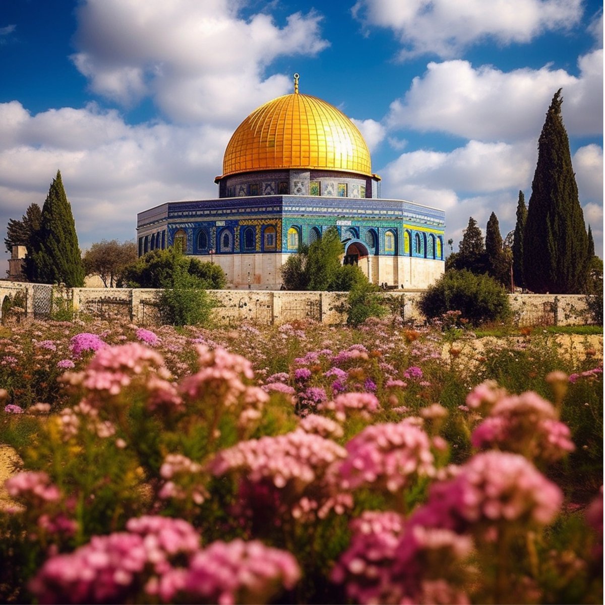 Dome of the Rock surrounded by flowers via Midjourney #Palestine #alaqsa #domeoftherock #islamicart #islamicarchitecture #Islam #Muslim