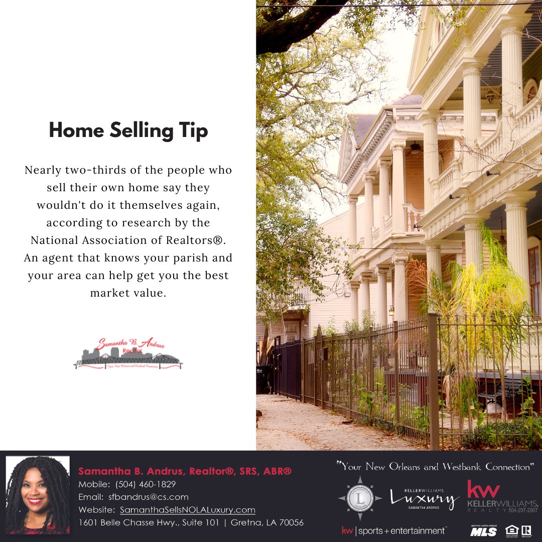 Don't make the mistake of trying to sell your home without a Realtor!

#SamanthaSellsNOLA #nola #neworleans #nolarealtor #nolarealestate #kellerwilliamsrealty #propertyspark #nolahomes #nolaliving #followyournola #neworleanshomes #nolalife #nolaforsale #showmeyournola #wearekwse