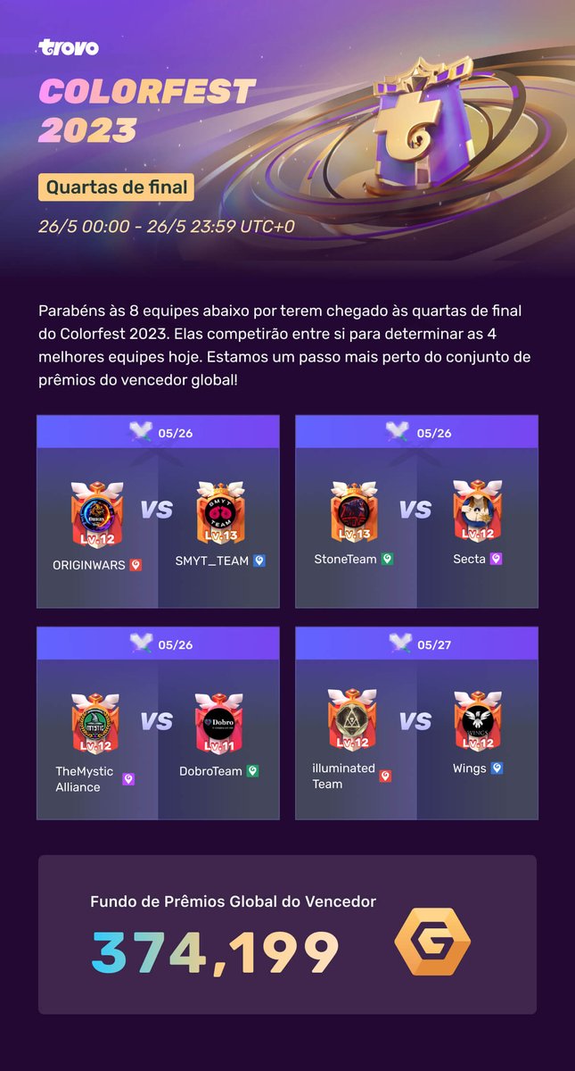 trovobrasil's tweet image. Conheça as 8 melhores equipes que estão na fase final do Colorfest 2023.

Apoie sua equipe preferida!

#colorfest #trovo #trovolive #equipe