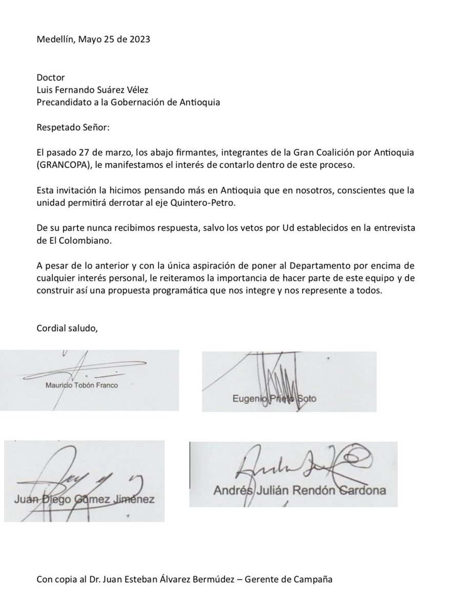 AndresJRendonC's tweet photo. La Gran Coalición por Antioquia, #GRANCOPA, sigue trabajando por la unidad del Departamento.
@EugenioPrietoS, @Juandiegogj, @Mauriciotobonf, @LuisFSuarezV https://t.co/lDiM6FHFW4