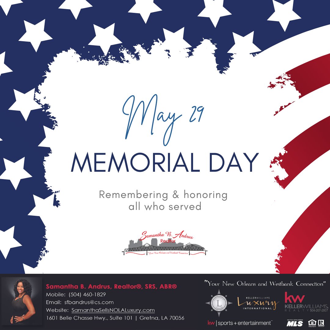 Remembering and honoring all who served!

#MemorialDay #SamanthaSellsNOLA #nola #neworleans #nolarealtor #nolarealestate #kellerwilliamsrealty #propertyspark #wearekwse