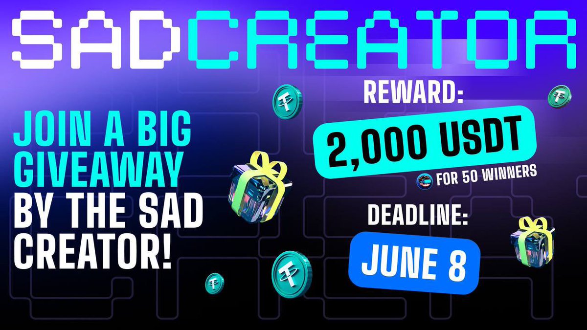 Join the fantastic &amp; exciting $2,000 USDT GIVEAWAY hosted by <a href="/SadCreatorTalks/">Sad Creator</a>  a tech wizard &amp; crypto guru who's all about VR &amp; gaming,the metaverse &amp; blockchain

$2,000 $USDT #Giveaway 

1️⃣ Go to this link: gleam.io/92hTB/sad-crea…

2️⃣Follow the instructions to enter the giveaway