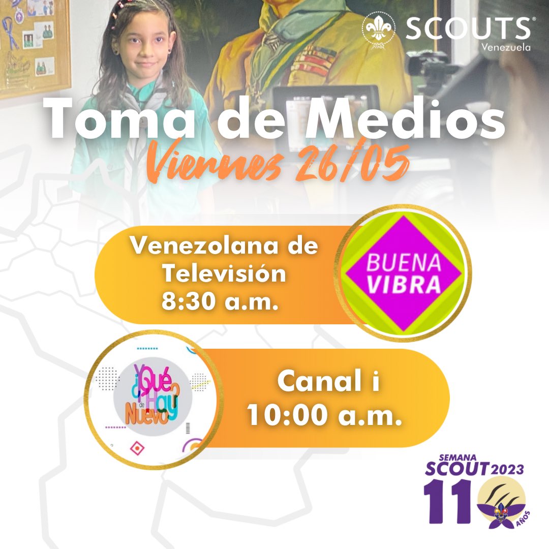 scoutsvenezuela's tweet photo. ¡Atención por la televisión! 🤓📺

Este año la Asociación de Scouts de Venezuela celebra su aniversario número 110. Sintoniza a nivel nacional y disfruta los programas donde hablaremos sobre nuestro movimiento ⚜️

#scoutsdevenezuela 
#tomademedios
#semanascout
#Venezuela #Scouts https://t.co/rWHBqb6MiC