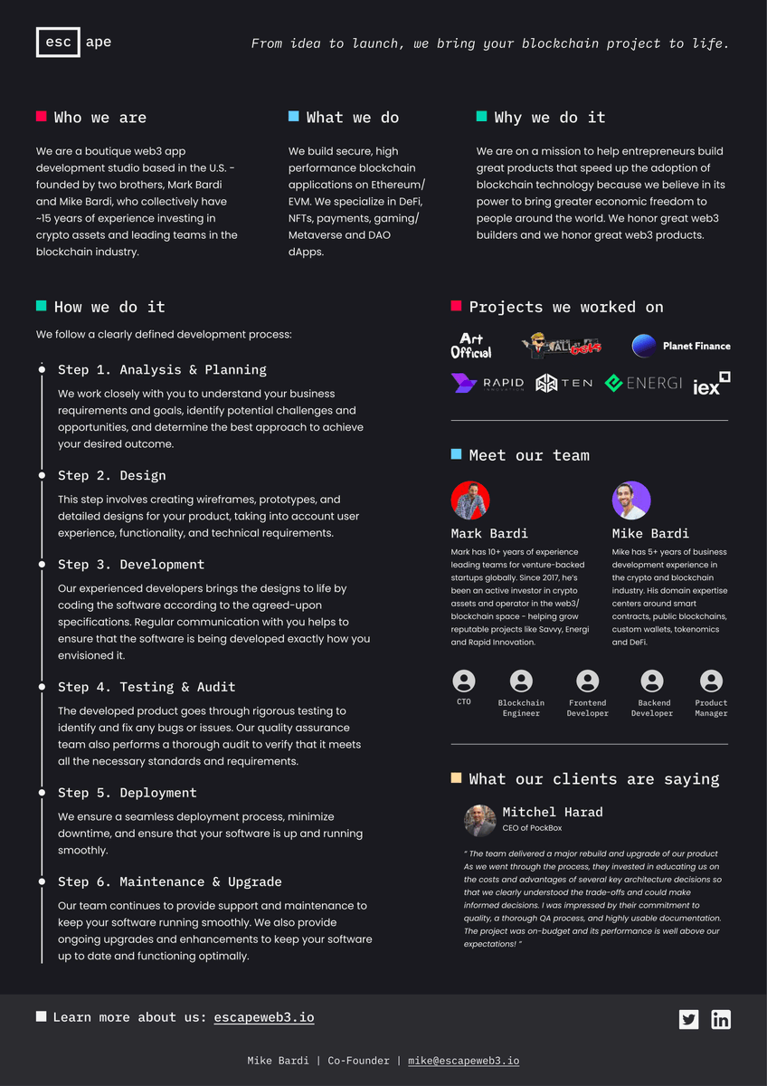 Mark Bardi (@markbardi) on Twitter photo If you know anyone interested in building a dApp on #PulseChain , send them our way.
We're focused on trying to help grow the RH ecosystem.
Apart from sharing content on Twitter and HODL'ing, building products is the best way we know how :)
Learn more about us <a href="/escapeweb3/">Escape | Web3 Dev Agency</a> 👇 If you know anyone interested in building a dApp on #PulseChain , send them our way.
We're focused on trying to help grow the RH ecosystem.
Apart from sharing content on Twitter and HODL'ing, building products is the best way we know how :)
Learn more about us <a href="/escapeweb3/">Escape | Web3 Dev Agency</a> 👇