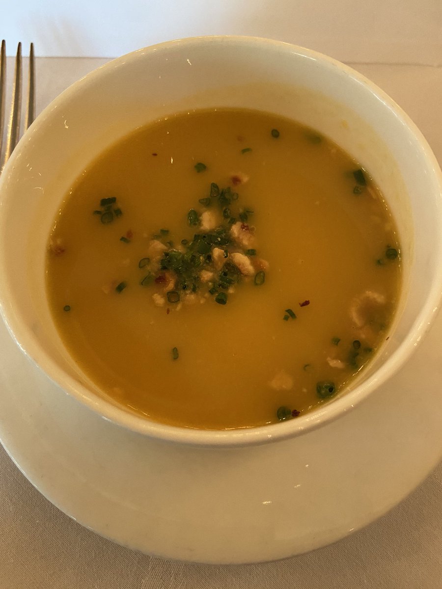 Bpbeernie's tweet photo. Rest of fancy food. Butternut squash soup, salmon, chocolate fudge cake. https://t.co/lFuUd3Q3av