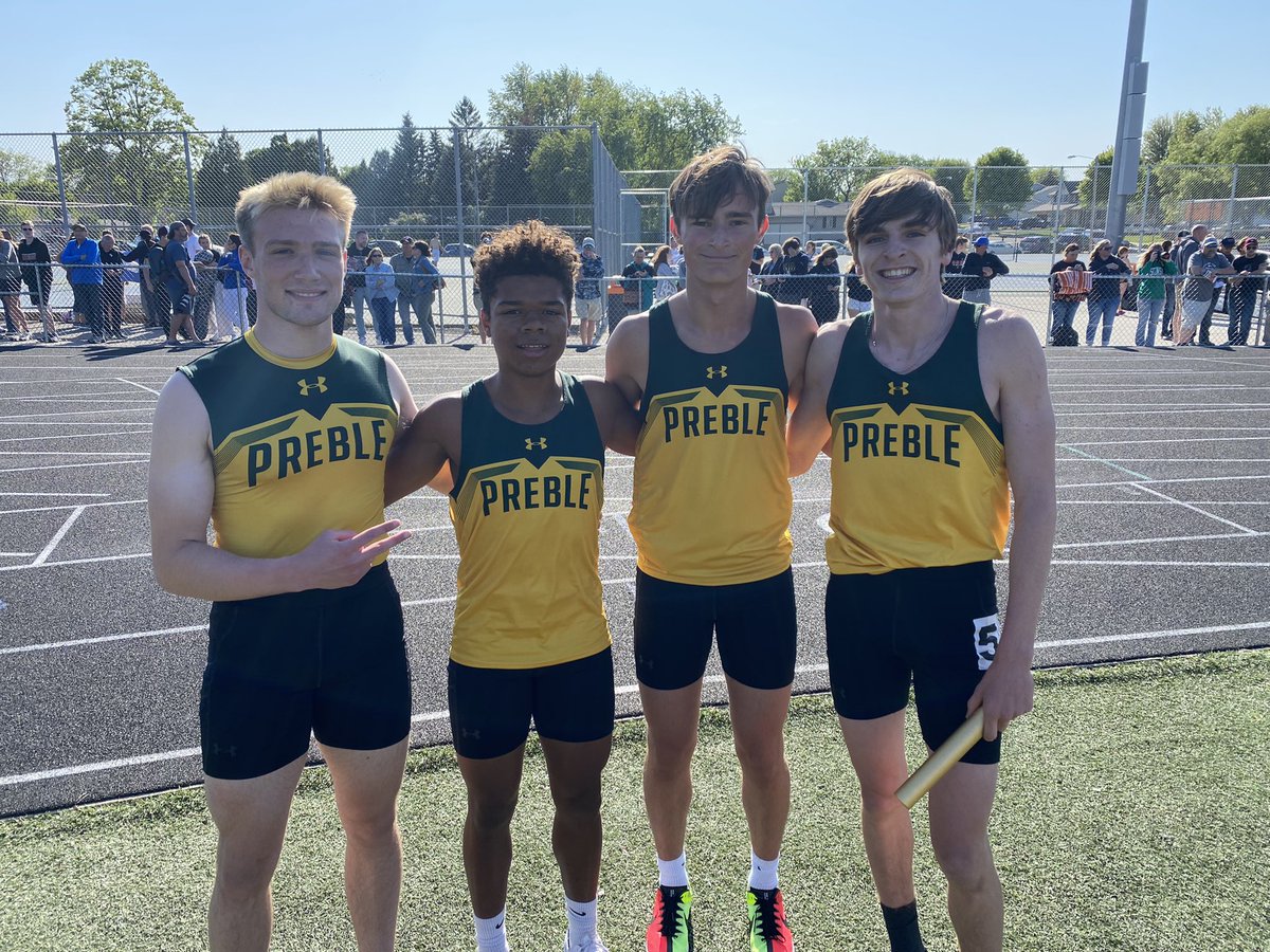 Preble Boys and Girls to state in 4x8! Girls 9:36 (second in school history), Boys 8:09 PR for season.  Also congrats to Allie B for qualifying in 800M with 2:21