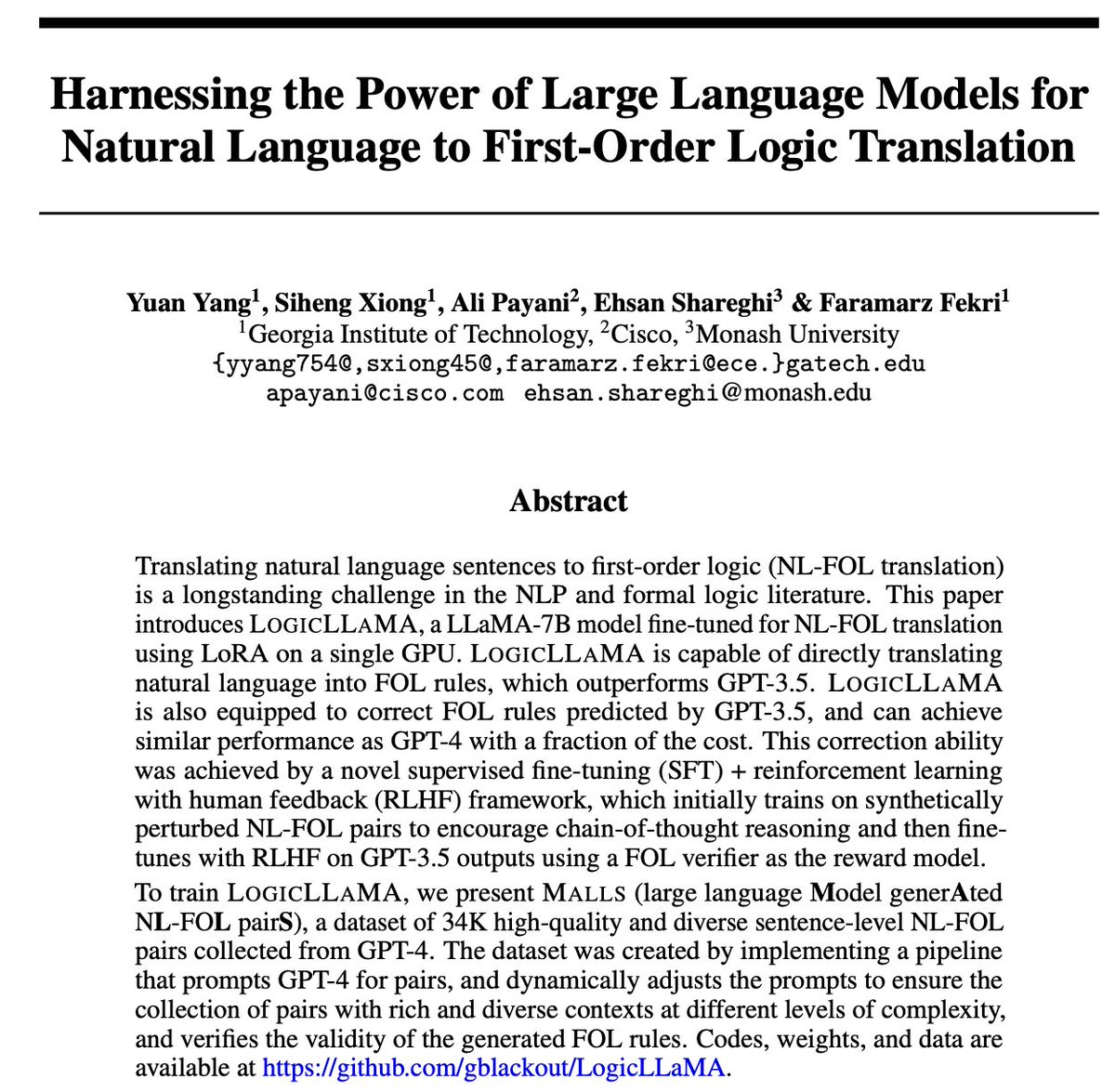 Translation of natural language into symbolic first-order logic is very foundational IMO. In this work we used the latest of the NLP/AI world (SFT+RLHF), to train a small LM which both corrects a GPT-3.5 and works as a standalone translation tool. #NLProc arxiv.org/pdf/2305.15541…