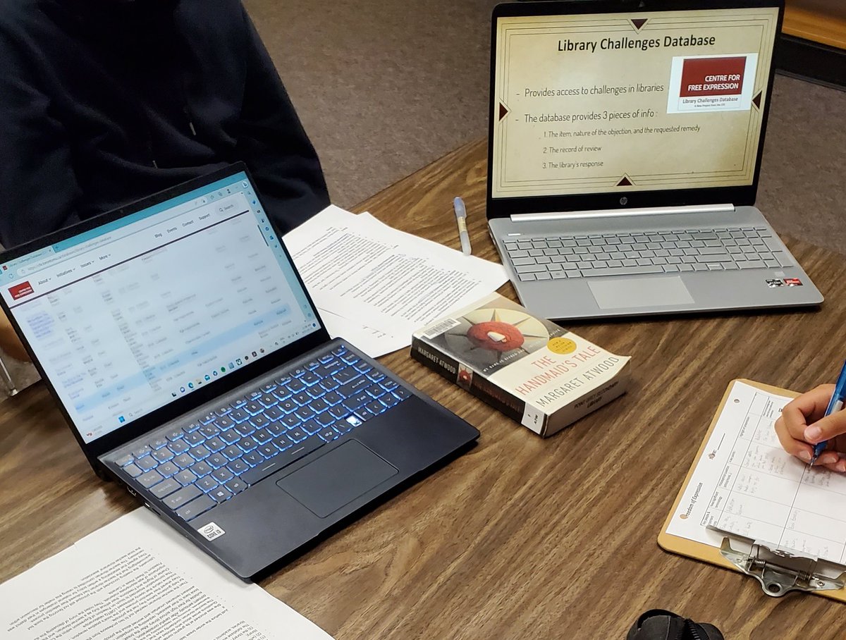 So proud to see some of our senior students presenting about the <a href="/CFE_TMU/">Centre for Free Expression</a>'s Library Challenges Databases as part of their project on censorship in Canada.