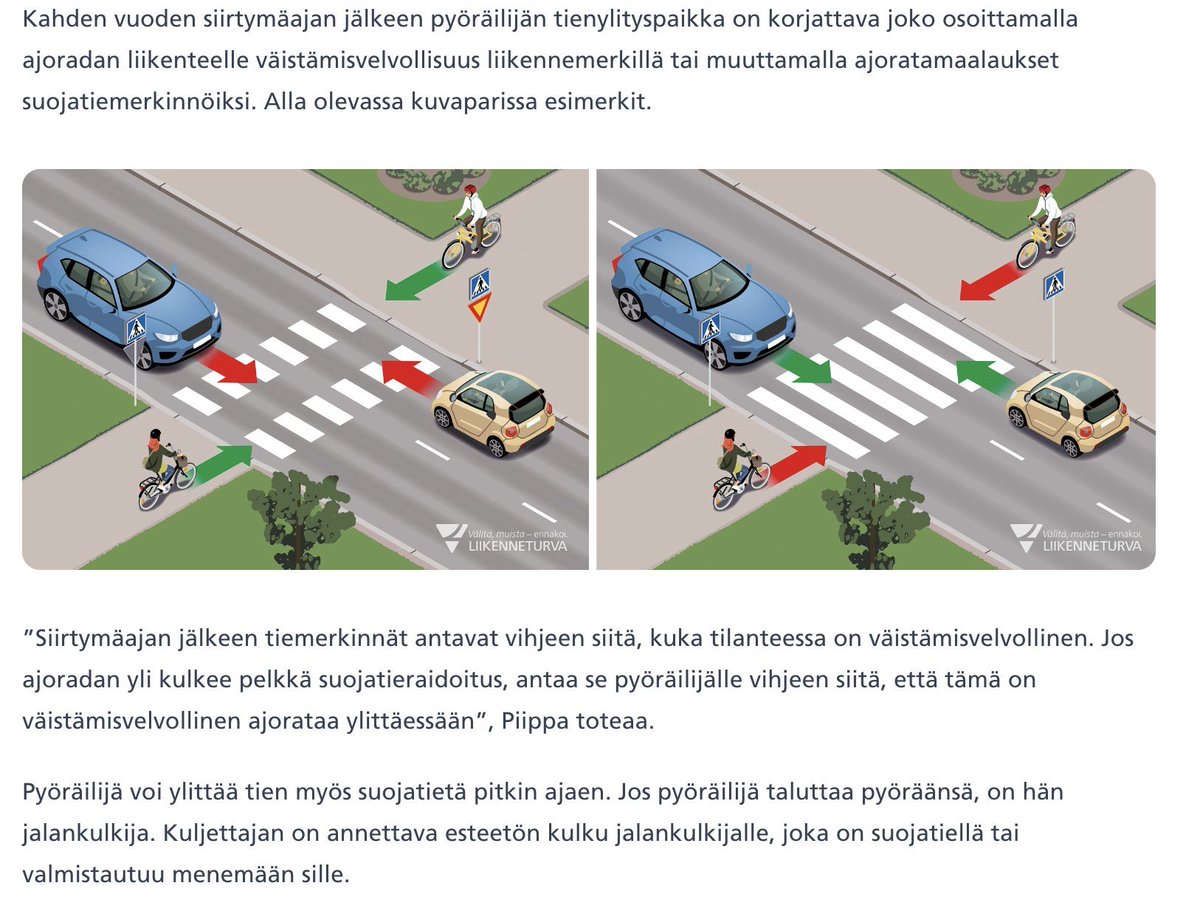 teemutretjakov's tweet image. Onko asia siis niin, että jos ensimmäisen kuvan kärkikolmoita ei olisi, niin autoilijalla olisi etuajo-oikeus pyöräilijään nähden?