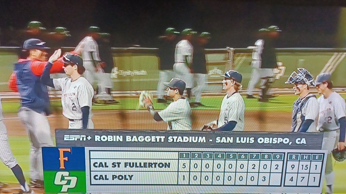 Yes! #CalStateFullerton 9 #CalPolySLO 4. Don't know what #UCSB did tonight and don't care. Win the next two games #Titans and you're in the #BigDance. #TusksUp!