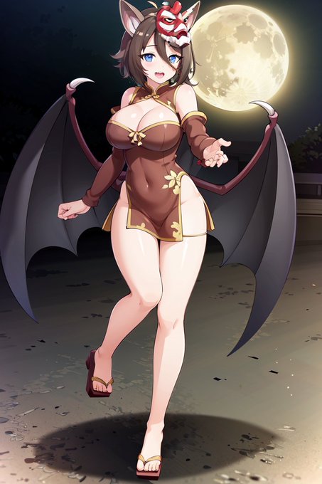 AI描きプログラムでテングコウモリのチャイナドレス服姿を作ってみました。基本服装の色が混ざった服装がよくできました#けものフレンズ #stablediffusion #AIイラスト #AIArt 