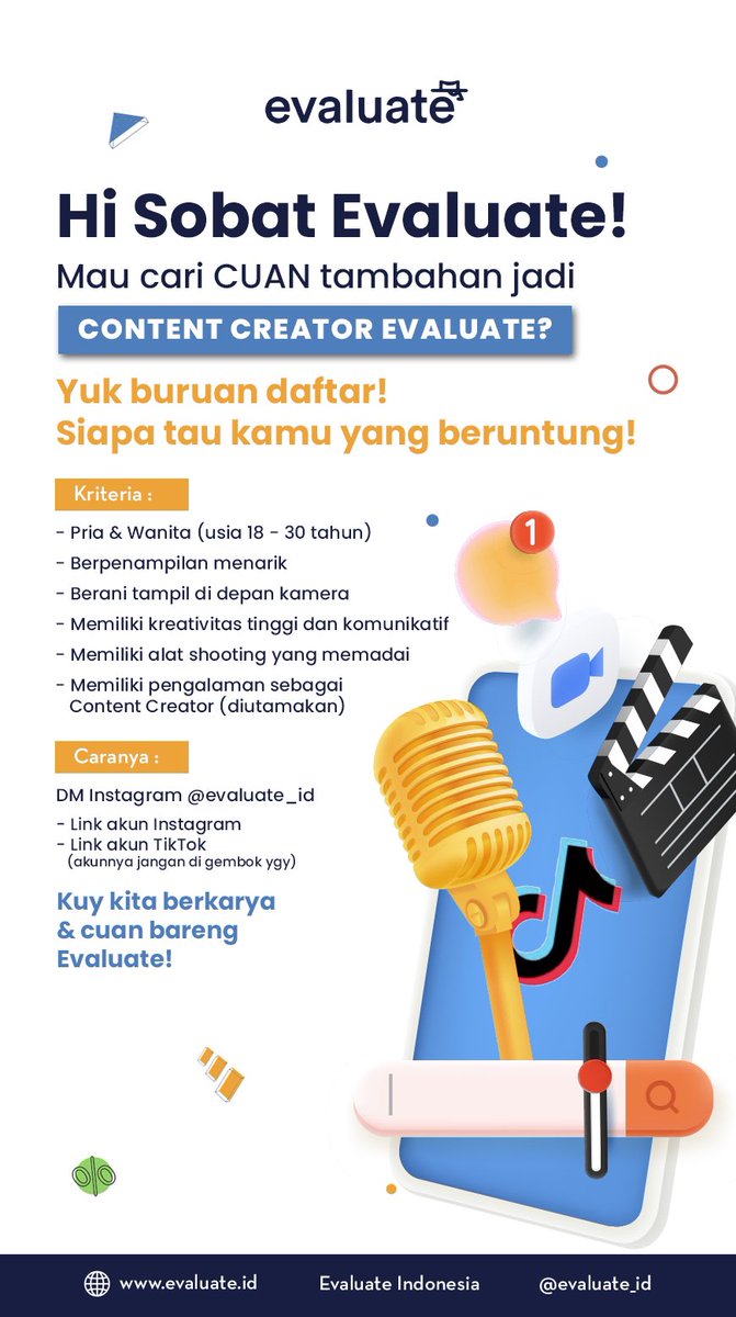 Dibutuhkan : Content Creator Enthusiast! ✨

Minat? Yuk DM ke IG : evaluate_id

cc <a href="/ezash/">Eza Hazami - ハザミ。エザ</a> <a href="/monicanggar/">Monica Anggar</a> <a href="/apamungkasa/">Arya Pamungkasa</a> <a href="/angga_fzn/">Angga Fauzan </a> <a href="/srl789/">Samuel Ray</a> <a href="/hrdbacot/">HRD BACOT</a> <a href="/GhilmanAmri/">Ghilman Amri</a> @mas_recruiter #lokermase #InfoLoker #hrdbacot #loker2023