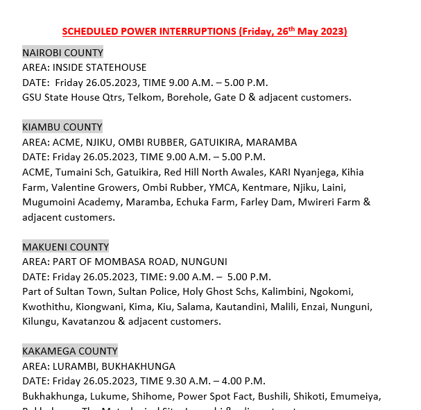 Kenya Power on Twitter "Good morning, please find the areas on