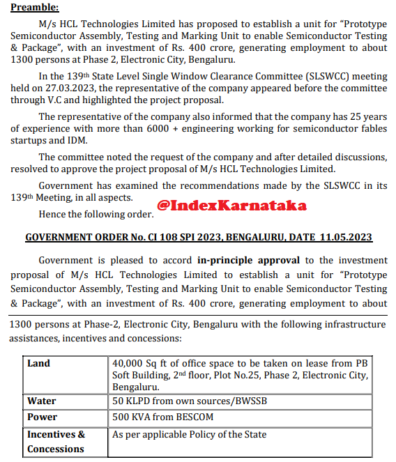 HCL Technologies to invest 400Crores in #ElectronicCity phase 2

Employment: 1300
Product: Semiconductor assembling, testing
Area: 40000 sqft , PB soft building, Ecity, Bengaluru