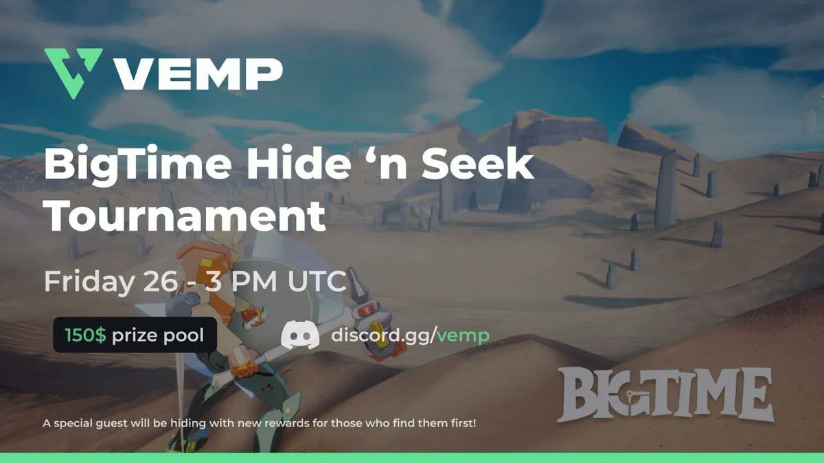 Ready to win big?
 Join buff.ly/3qewMU4 this 26th May, 3pm UTC for an epic game of hide & seek! The reward pool is $150! 😎 Don't miss out on the fun and prizes! #HideAndSeek #Competition #WinBig #VEMP