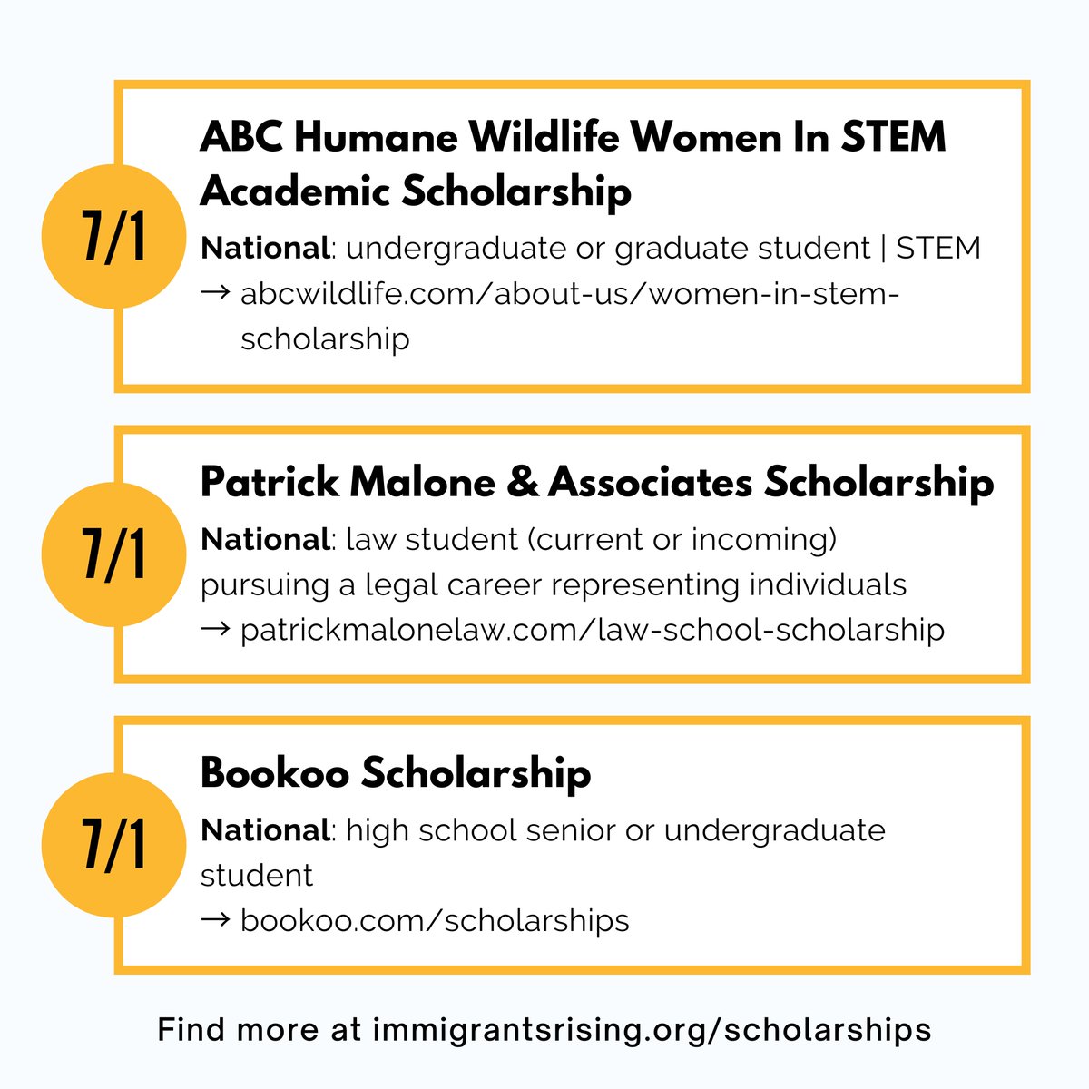 Follow @immigrantsrise for weekly updates on new scholarships and fellowships open to undocumented students! 1️⃣ bold.org/scholarships/i… 2️⃣ bold.org/scholarships/o… 3️⃣ kbdelta.com/scholarship.ht… 4️⃣ abcwildlife.com/about-us/women… 5️⃣ patrickmalonelaw.com/law-school-sch… 6️⃣ bookoo.com/scholarships