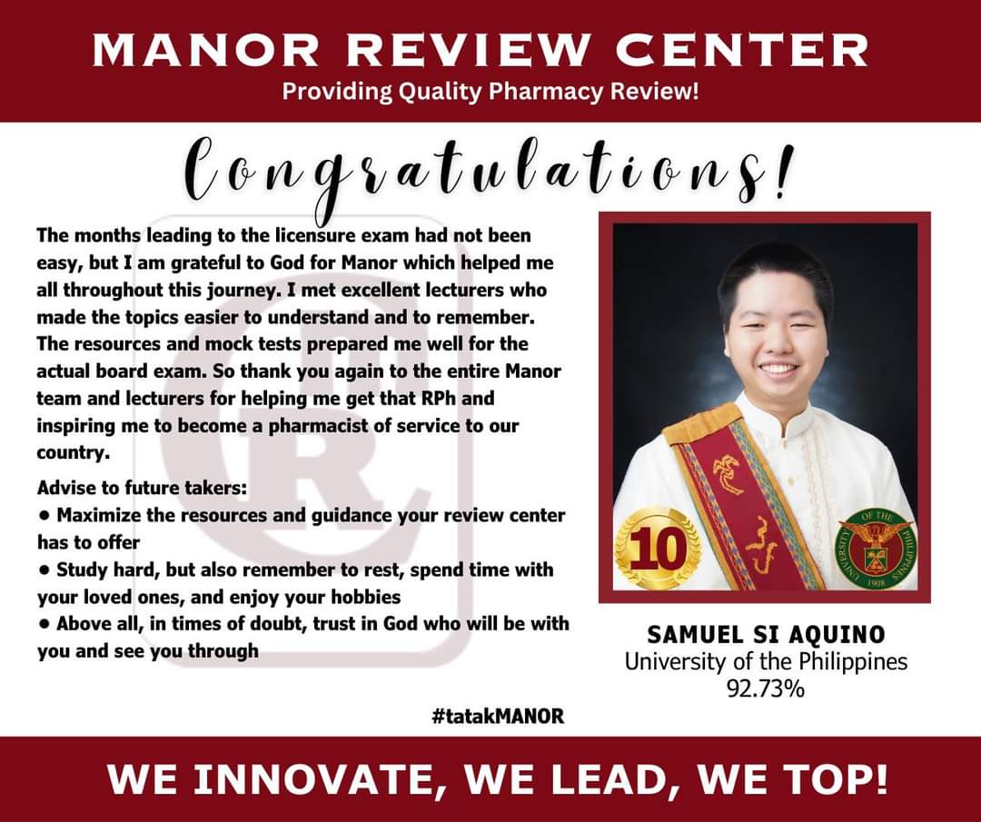 MANOR_Review's tweet photo. Meann and Samuel placed 9th and 10th respectively in the April 2023 Pharmacist Licensure Examinations. They share their board exam experience to #futureRPh.
#tatakMANOR https://t.co/E9xBv15Akk