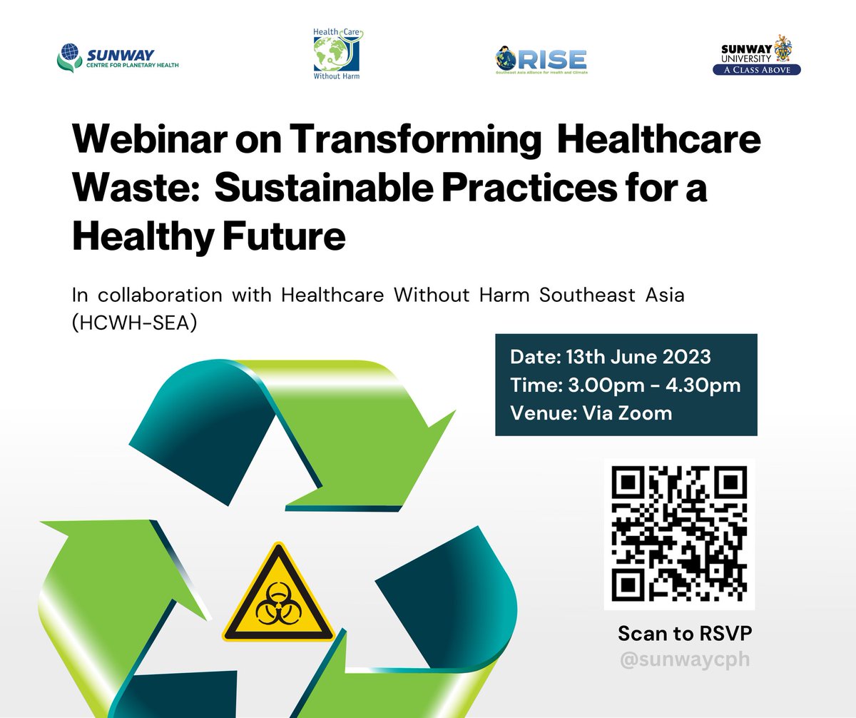 60% of healthcare facilities in the global south are not equipped to handle existing waste.

So how can we reform the healthcare waste management sector? Join us👇

RSVP here: forms.office.com/pages/response…

#PlanetaryHealth #SunwayCPH #SunwayUniversity #HCWH @SunwayU @NoHarmAsia