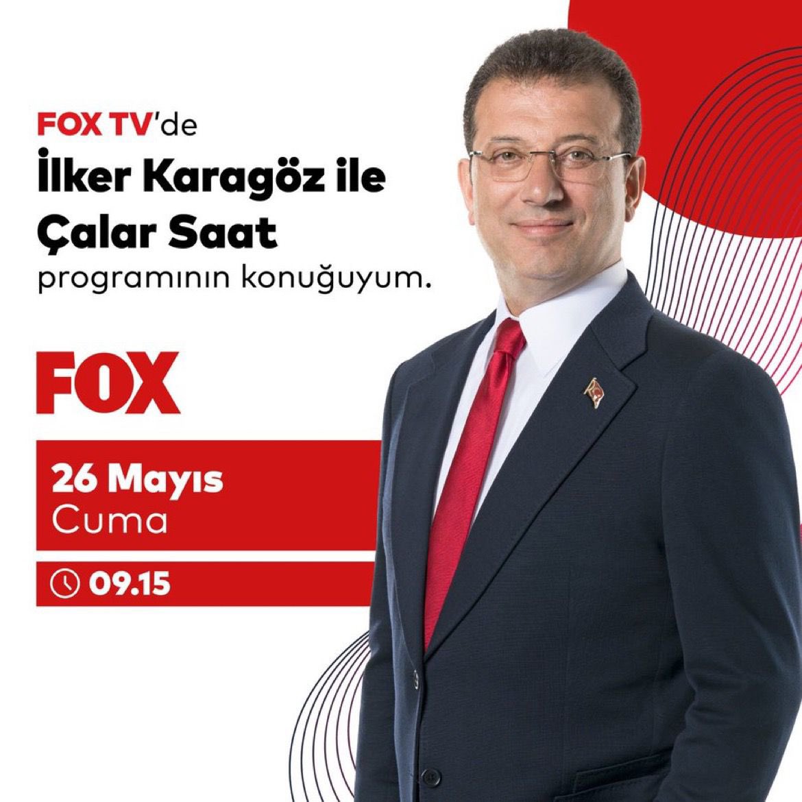 İBB Başkanı @ekrem_imamoglu bugün FOX’ta @Karagozilker ile #ÇalarSaat canlı yayın konuğu…