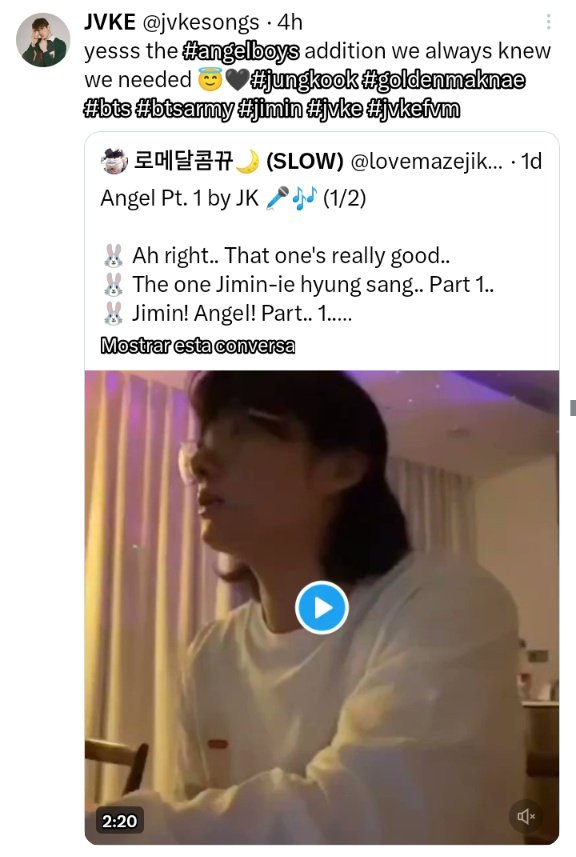 [📌] JKVE compartilhou um post da conta do twitter ( Lovemazejikook) do Jungkook cantando a música Angel Pt1 

Sim, a adição de #angelboys que sempre soubemos que precisávamos 😇🖤 #jungkook #goldenmaknae #bts #btsarmy #jimin #jvke #jvkefvm

Ele chamou os Jikook de angelboys 🥺