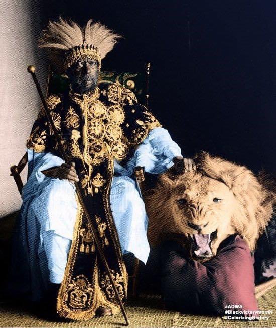 Salute this brave and noble Warrior King!!

King Menelik II became emperor of Ethiopia in 1889. His army defeated Italian forces at the Battle of Adwa in 1896, forcing Ethiopia's independence to be recognized by Italy and other European countries trying to colonize Africa.