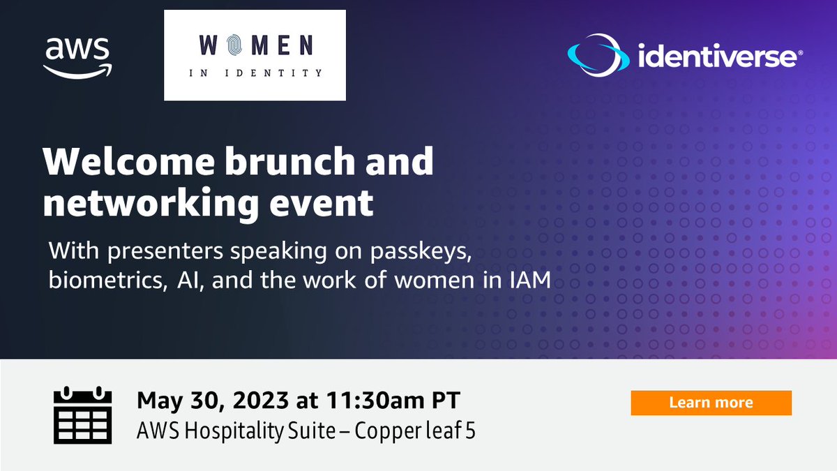 Interested in learning more about biometrics, AI, and remote career development? Join us and @WomeninID for a luncheon and networking event at #Identiverse on 5/30. Save your seat here: go.aws/43fvjei