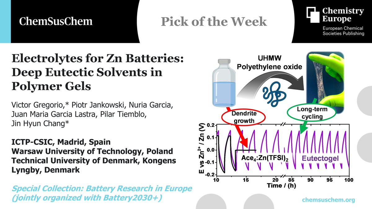 Chemistry Europe (@chemeurope) on Twitter photo Pick of the Week, out #OpenAccess in <a href="/ChemSusChem/">ChemSusChem</a> by <a href="/victor_gregor/">Victor Gregorio</a>, <a href="/piotr_portos/">Piotr Jankowski</a>, <a href="/JuanMaraGarcaL1/">Juan María García Lastra</a>, <a href="/jinhyunchang/">Jin Chang</a> & team:
Electrolytes for Zn Batteries: Deep Eutectic Solvents in Polymer Gels
bit.ly/CSSC_0256
In a Special Collection with <a href="/2030Battery/">BATTERY 2030 +</a> - stay tuned! Pick of the Week, out #OpenAccess in <a href="/ChemSusChem/">ChemSusChem</a> by <a href="/victor_gregor/">Victor Gregorio</a>, <a href="/piotr_portos/">Piotr Jankowski</a>, <a href="/JuanMaraGarcaL1/">Juan María García Lastra</a>, <a href="/jinhyunchang/">Jin Chang</a> & team:
Electrolytes for Zn Batteries: Deep Eutectic Solvents in Polymer Gels
bit.ly/CSSC_0256
In a Special Collection with <a href="/2030Battery/">BATTERY 2030 +</a> - stay tuned!