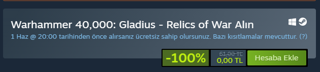 🔔 Ücretsiz Oyun 🔔 

Warhammer 40,000: Gladius - Relics of War, Steam'de 1 Haziran'a kadar ücretsiz oldu. Kütüphanenize ekleyerek oyunu kalıcı şekilde edinebilirsiniz.