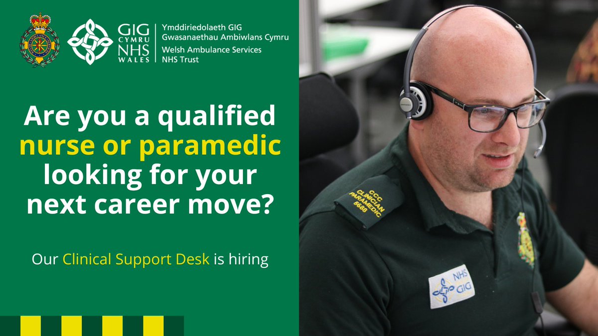 WelshAmbulance's tweet photo. The Clinical Support Desk provides telephone and video-based clinical assessments to 999 callers.

If you want to make a significant contribution to the well-being of patients and work in a supportive environment, apply today👉 https://t.co/0jXvCP09Qi https://t.co/6EvkqdU2AA