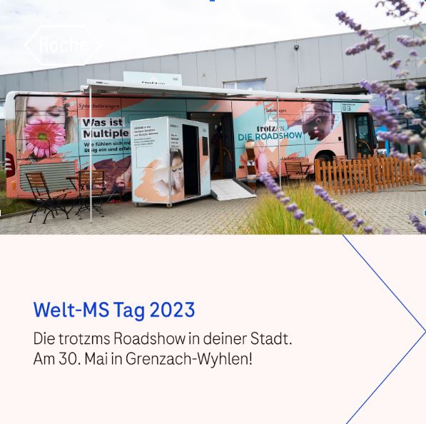 Roche_de's tweet photo. Besuchen Sie die #trotzms ROADSHOW in Grenzach-Wyhlen am #WeltMSTag, dem 30. Mai! Der Bus ist deutschlandweit on tour, um das Verständnis für das Leben mit Multipler Sklerose zu fördern. Erleben Sie Symptome der Krankheit & tauschen Sie sich mit Betroffenen aus.
#GrenzachWyhlen https://t.co/eGZ7ojJevh