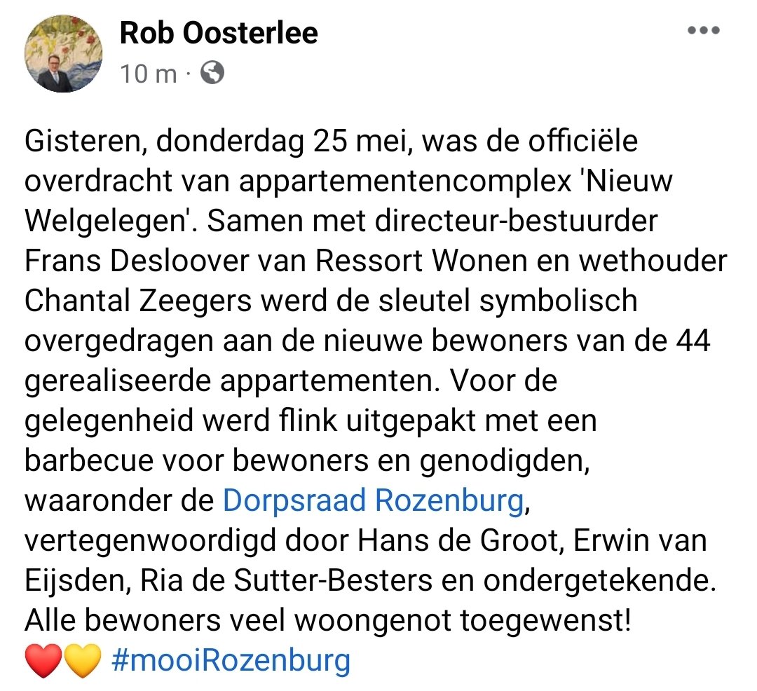 Do 25-05: Officiële oplevering appartementencomplex 'Nieuw Welgelegen' door wethouder <a href="/ChantalZeegers/">Chantal Zeegers ( harsh_arora )</a> en directeur-bestuurder <a href="/fransdesloover/">Frans Desloover</a> van Ressort Wonen. Nieuwe bewoners veel woonplezier toegewenst! Het is werkelijk prachtig geworden!
❤️💛 #mooiRozenburg
