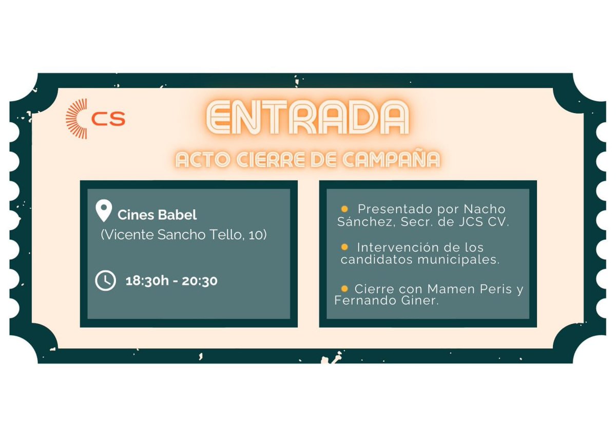 🧡 ¡Os invitamos al Acto de Cierre de Campaña!

    🗓  26 de Mayo
    🕔  De 18:30h a 20:30h
    📍  En los Cines Babel
            (C/ Vicente Sancho Tello, 10)

🎙 Presentado por Nacho Sánchez, Secretario de <a href="/JcsCValenciana/">JCS C.Valenciana</a> y con la intervención de <a href="/mamen_peris/">Mamen Peris Navarro</a> y <a href="/Fginer/">Fernando Giner 🇪🇸</a>.
