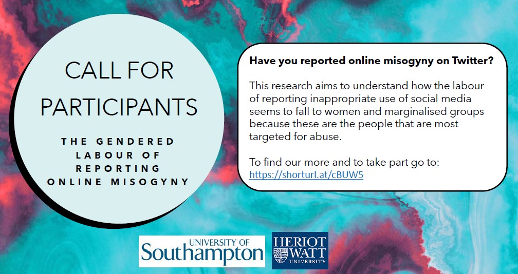 📢Call for participants
<a href="/S2Hewitt/">Dr Sarah Hewitt</a> &amp; <a href="/felisferalis/">Cat Morgan</a> would like to invite you to complete our short survey about the labour of reporting online misogyny on Twitter (whether you’ve experienced or witnessed it). It only takes 5 mins! 
Find out more here! shorturl.at/cBUW5