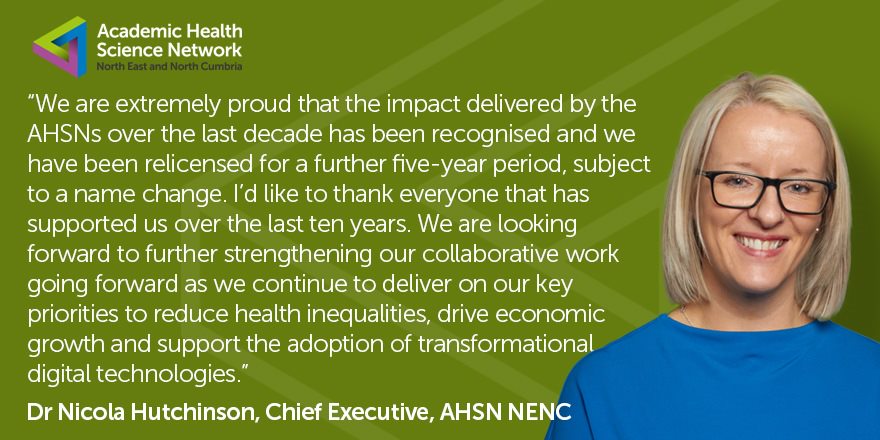 We’re delighted to share that the government and @NHSEngland have relicensed the #AHSNs under the new badge of Health Innovation Networks for a five-year period.

Read more about the exciting announcement 👇🏼 @NicolaWesley @AHSNNetwork @DHSCgovuk @NENC_NHS 
ahsn-nenc.org.uk/nhs-and-govern…