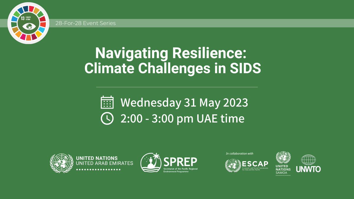 Join our informative webinar on Navigating Resilience: Climate Challenges in Small Islands &amp; Developing States!🌴🌍 Expert speakers will dive into the climate challenges faced by SIDS &amp; best resilience practices.🌊💡 
🔗 Register here: bit.ly/28-For-28SIDS
- -
#UNinUAE #COP28