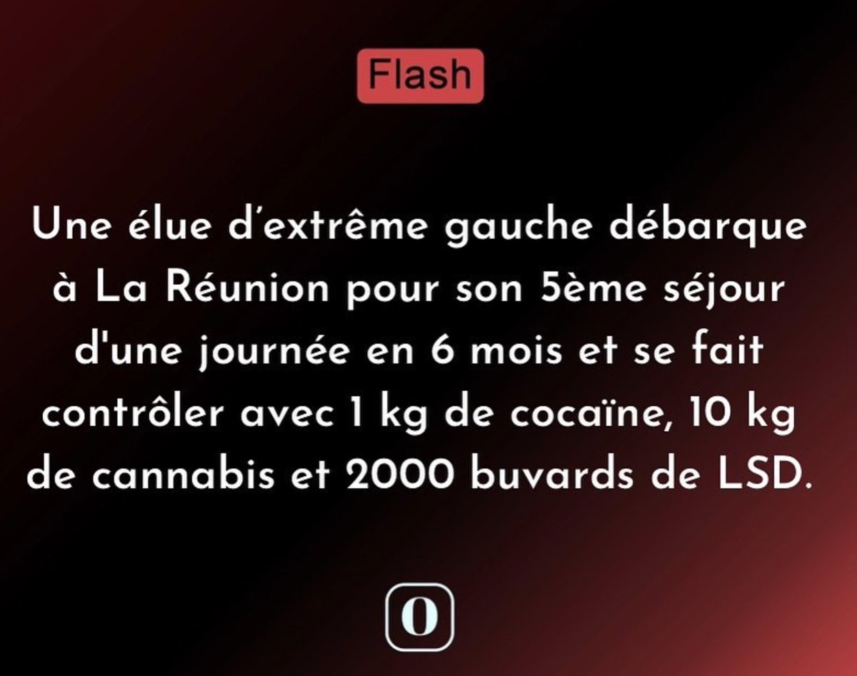 Source : Le Parisien 

#france  #lareunion #politique #cocaïne #cocaine 
Ce qui est marrant c’est qu’il est subitement devenu difficile de trouver l’appartenance politique de cette dame - #LoubnaZiani…. En recherchant on finit par trouver #FrontDeGauche, fondé par #Melenchon 😂