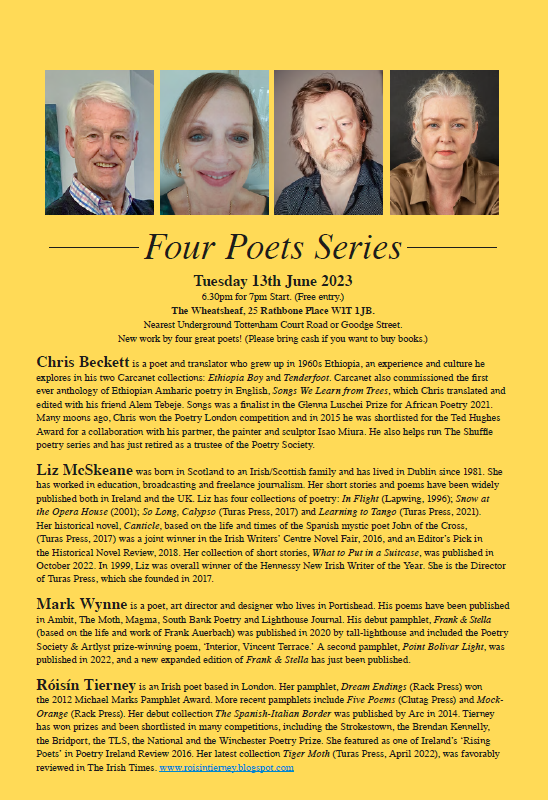 EMcSkeane's tweet photo. V excited to be invited to take part in this reading in Wheatfield, London WIT 1JB with three eminent poets: #RoisinTierney,  #ChrisBeckett &amp; #MarkWynn. Tues 13th June. Two of us from #TurasPress! Join us if you can! @natpoetrylib @TheBookseller https://t.co/omcfGHG0pr